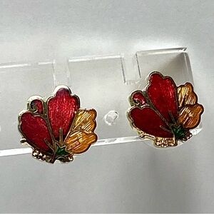Cloisonné Earrings Flower Gold Tone Red Yellow Vintage